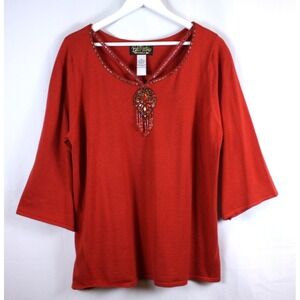 Bob Mackie Blouse Size XL Terra Cotta Knit Sweater Top 3/4 Sleeve Embellished